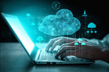 云计算技术和在线数据存储为企业网络的概念.计算机连接到Internet服务器服务，用于三维未来主义图形界面中的云数据传输.