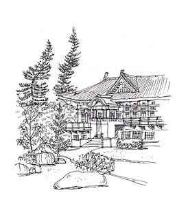 日本风格的建筑钢笔画的插图