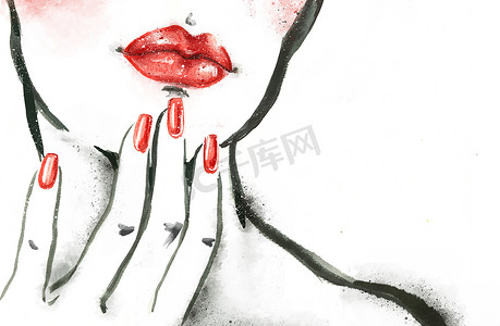 用一只手的女人肖像。抽象的水彩画。时尚插画。红红的嘴唇和指甲