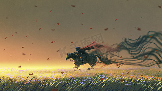 假面骑士龙骑摄影照片_骑士骑着马在草地上奔跑，数码艺术风格，插图绘画