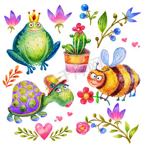卡通水彩花卉设置，蜜蜂与花，具一冠，龟，青蛙的心，枝、 叶、 百合、 仙人掌、 孤立在白色背景上的浆果插图。完美的儿童读物，商店，打印，设计