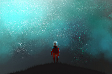 中插画摄影照片_一个宇航员站在山顶上仰望夜空, 许多星星在雾中, 数字艺术插画绘画.