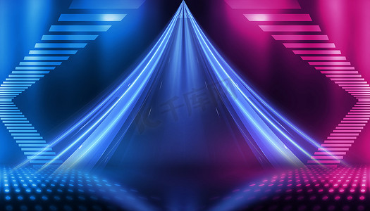 空荡荡的舞台表演背景. 霓虹蓝光和紫光及激光表演. 黑暗背景下的激光未来主义形状。 带有霓虹灯的抽象深色背景