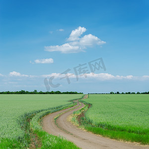 在绿色的田野和蓝蓝的天空中蜿蜒脏的路