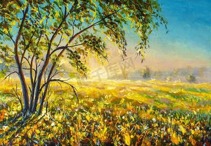 朦胧自然摄影照片_油画与丙烯酸美丽的树在阳光灿烂的夏春草甸上，晨曦初露，夕阳初露。清晨柔和朦胧的乡村风景自然现代艺术.