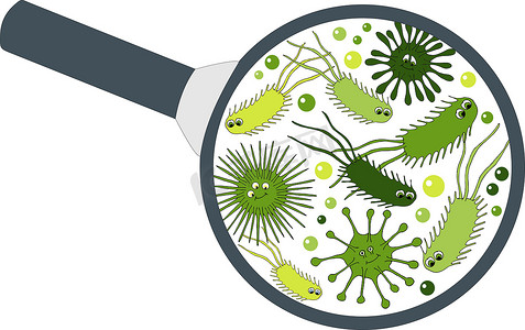 放大镜中的细菌微生物。细菌和细菌多彩的集, 微生物, 细菌, 病毒, 真菌, 原生动物在振兴玻璃下.