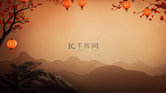 中国风山水水墨背景图片_古风中秋节红梅灯笼背景11