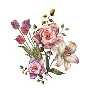 水彩美丽的花束花在灰色背景。百合和玫瑰插图。印刷和设计要素. 