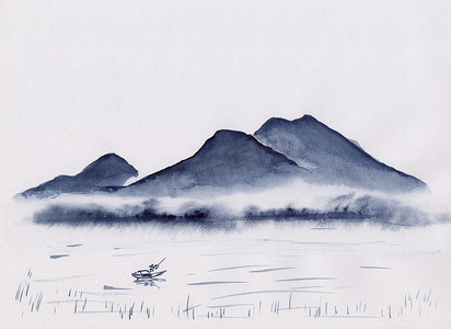 亚洲湖水彩绘与高山,森林和渔船.手绘东方风格的海景.装饰,放松,恢复,冥想背景的概念.和平艺术品.
