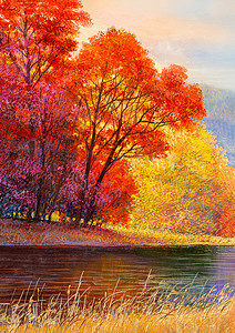 湖上的红枫树。油画风景,五彩缤纷的秋林,现代绘画.