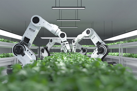 智能机器人农民的概念，机器人农民，农业技术，农场自动化。3D插图