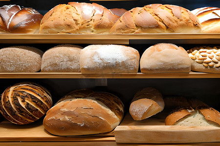 港货店新年陈列摄影照片_在陈列的面包店货架上出售的各种面包.