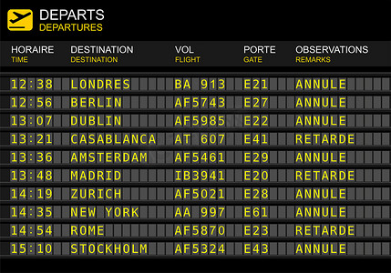 延误摄影照片_航班出发板例证。取消和延误的航班。法语语言