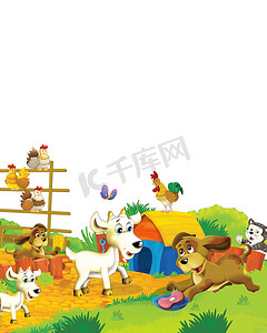 以白色背景的动物山羊为乐的卡通农场场景-儿童图解
