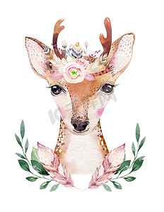 水彩卡通孤立可爱的小鹿动物与鲜花。森林苗圃林地例证。波希米亚的波希米亚客厅画苗圃海报, 图案