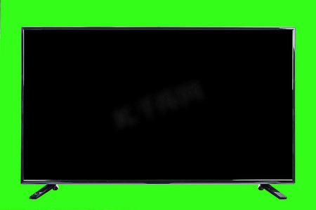 现代高清电视。 Lcd平面监视器与空白黑色屏幕,隔离在抽象模糊的绿色铬色背景. 科技与4k电视广告概念。 详细的工作室特写