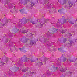 美人鱼鱼规模波日本豪华五颜六色的无缝图案。水彩手绘粉红色紫色背景与金色线。水彩鳞片形状的纹理。纺织品印刷, 墙纸包装