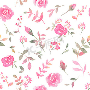 手绘无缝图案与水彩玫瑰花。优雅的浪漫背景与粉红色的玫瑰和树叶在白色的背景