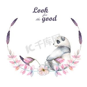 植物手绘插画摄影照片_插画、 水彩熊猫花圈、 粉色和紫色的植物