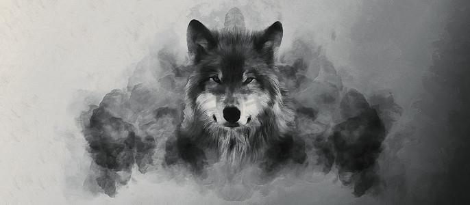 Wolf head and smoky cloud. Wide panoramic view. Artistic work