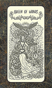 魔杖皇后小奥秘塔罗牌。魔术门甲板。幻想雕刻插图与神秘的神秘符号和深奥的概念, 复古背景