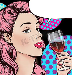 波普艺术插图的玻璃气泡红酒的女人。波普艺术的女孩。聚会的请柬。生日贺卡.