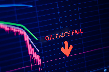 石油市场大跌趋势.全球市场油价下跌,金融危机.股票和市场危机。库存下降的图表.