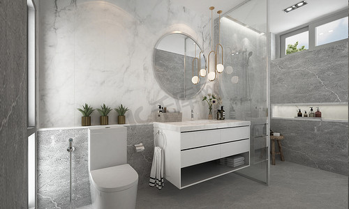 卫生间指示牌摄影照片_漂亮舒适的浴室和卫生间模仿室内设计和大理石瓷墙背景