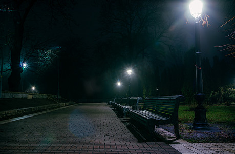 冬夜清晨公园的小巷，在薄雾中。在一个迷人的秋末公园的小径上，晚上有长椅和厕所。美丽寒冷的夜晚在Mariinsky公园。乌克兰基辅.