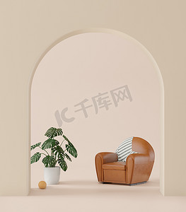 Living room and earth tone,big curve door, leather sofa minimal style ,mock up and copy space wall - 3d rendering -