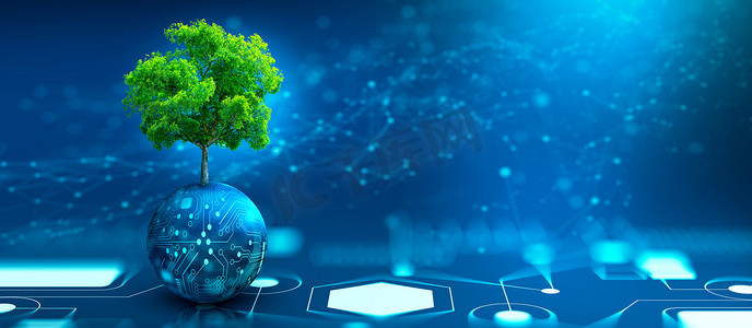 在电路数字球上生长的树。数字收敛性和技术收敛性。蓝光和线框网络背景.绿色计算、绿色技术、绿色IT 、 csr和IT伦理概念.