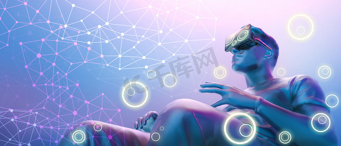 虚拟世界娱乐与未来数字技术的经验网络虚拟概念，一个具有虚拟现实的人虚拟现实、可视化与仿真、创新- - 3D渲染