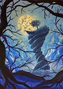 幻想蓝夜油画。大月亮，树上的可怕的山顶上的河流艺术品。旧死黑树分枝在概念艺术与书画海报之间的前景色