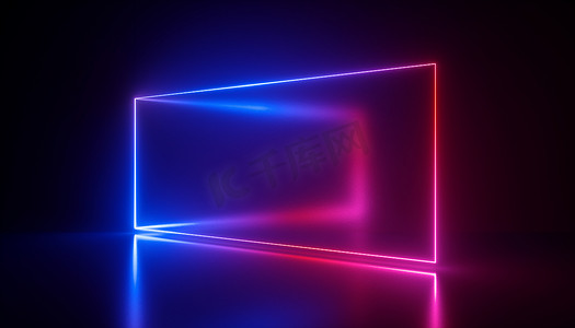 3d 渲染, 霓虹灯, 抽象紫外线背景, 激光显示, 矩形空白框架, 虚拟现实屏幕, 发光线条, 地板反射, 充满活力的颜色