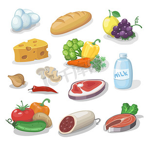 常见的日常食物产品。卡通图标