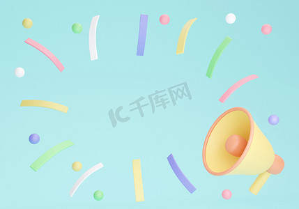 3D rendering of blank space for text with megaphone confetti on background. 3D Render. 3D illustration.