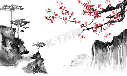 日本传统的染发漆。印第安墨水例证。日本图片。樱花山
