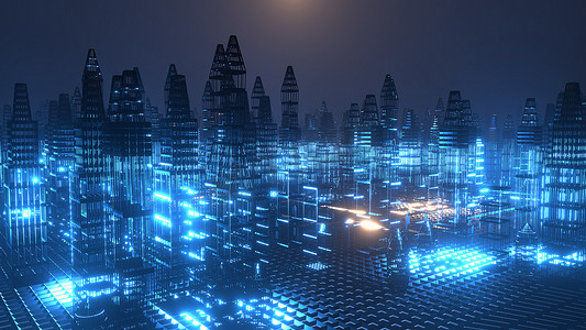 城市设计摄影照片_3D渲染。全息现代城市运动图解,未来主义技术数字城市设计.人工智能和智能城市的概念。网络空间。赛博朋克