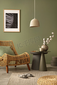 风格新颖的客厅室内设计，配有藤椅、模拟弹弓架、侧桌及创意配件。Sage green wall.模板。复制空间