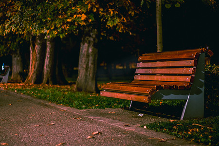 深夜拍摄的一张长椅被公园里的灯点亮了。凄凉的秋天背景
