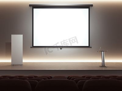 黑暗的演讲室与数字上讲台和大屏幕。3d 渲染