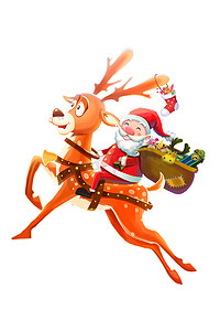 卡通风格人物摄影照片_快乐的圣诞老人和他的鹿发送礼物!逼真的卡通风格人物设计。插图