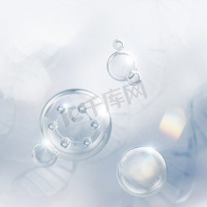 Dna背景下具有分子的化妆品精油液泡，3D渲染.