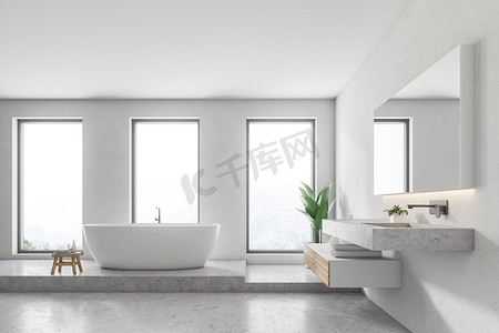 白色墙壁浴室内部有混凝土地板, 阁楼窗户, 白色浴缸和水槽。3d 渲染模拟