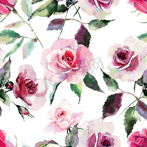 水彩玫瑰摄影照片_温柔精致可爱可爱的春天花卉草药植物红色粉状粉红色紫罗兰色玫瑰与绿叶图案水彩手素描。适合纺织