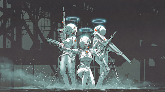 三位未来派女兵带着高科技武器准备战斗，数码艺术风格，插图绘画