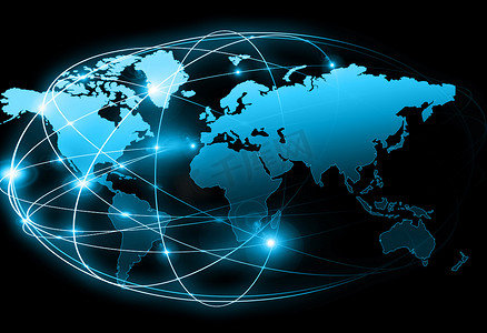 世界地图上的科技背景，发光线符号的互联网、 广播、 电视、 移动和卫星通信.
