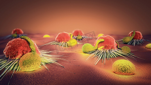 肿瘤细胞摄影照片_3d. 肿瘤细胞和淋巴细胞的图示
