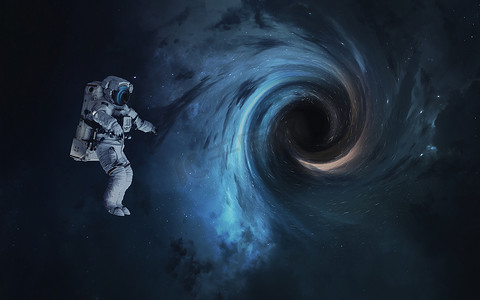 黑洞和宇航员抽象空间壁纸。宇宙充满了恒星、星云、星系和行星。由 Nasa 提供的这幅图像的元素