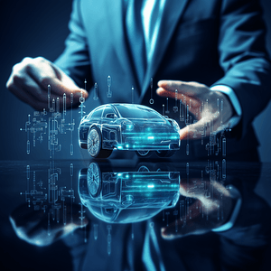 商业技术互联网和网络概念-商人在虚拟屏幕上按汽车保险按钮